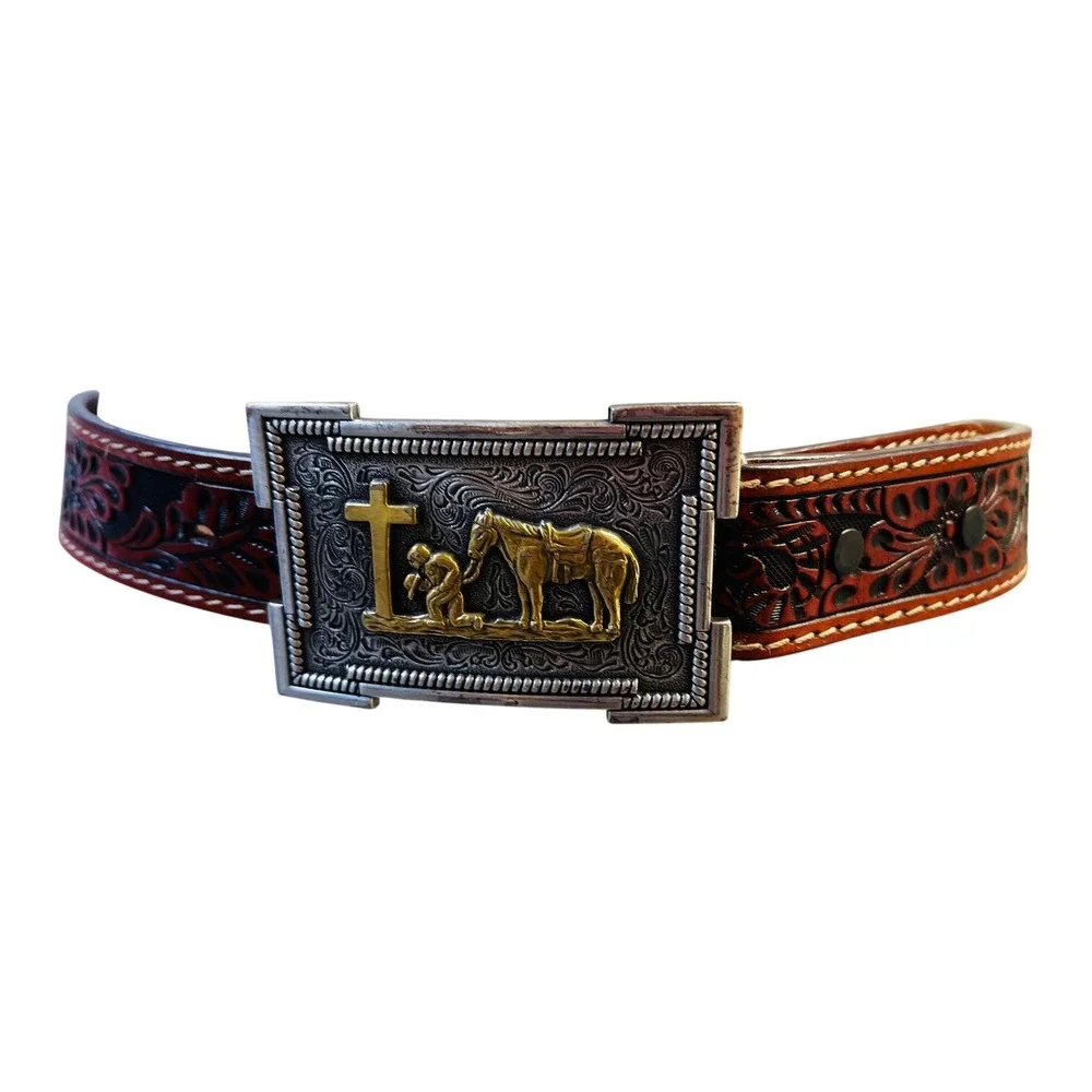 3D Belt Youth 26 Brown Tooled Leather Praying Cowboy Buckle Western Rodeo Faith